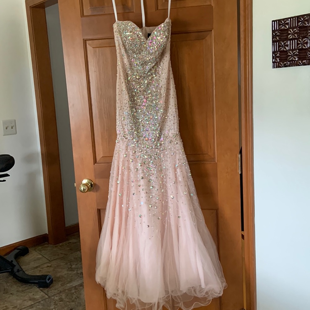 Champagne women’s Terani Couture Pageant gown, strapless with jewels